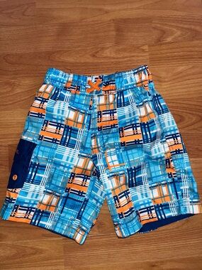 Boys Blue & Orange Plaid Swim Trunks